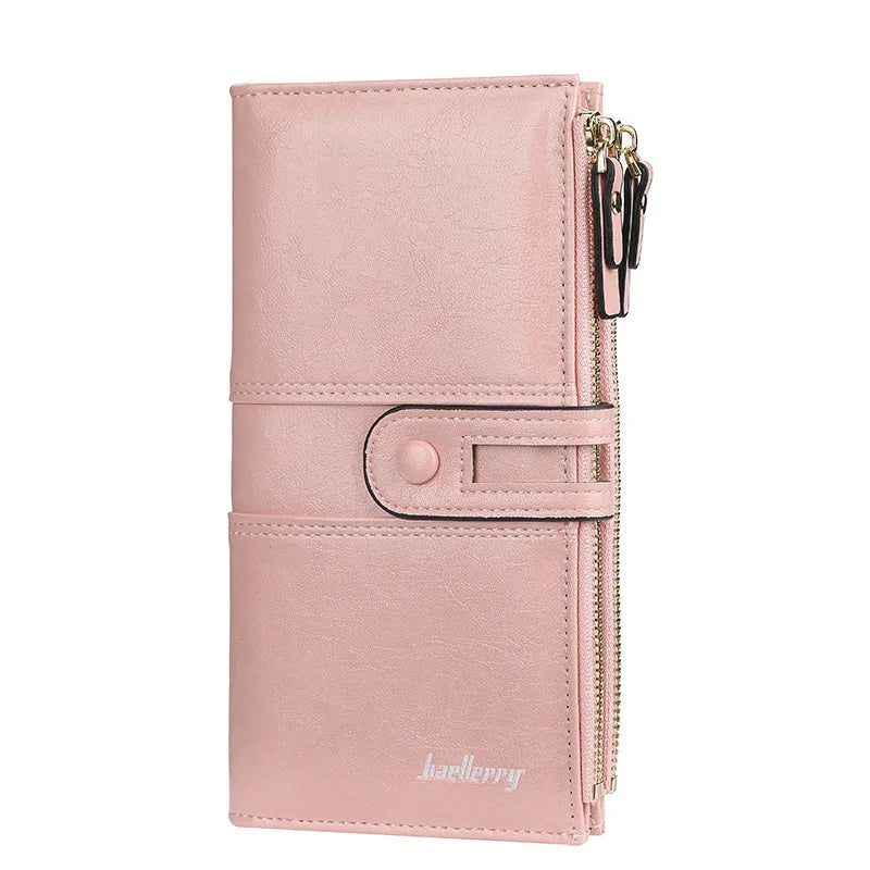Long Soft PU Leather Wallet with Buckle and Double Zip for Women