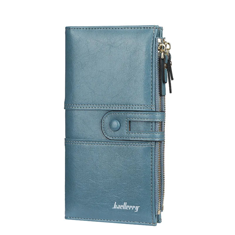 Long Soft PU Leather Wallet with Buckle and Double Zip for Women