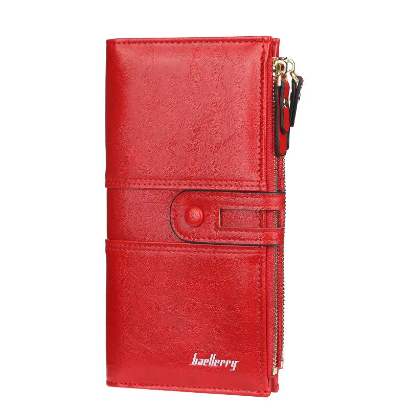 Long Soft PU Leather Wallet with Buckle and Double Zip for Women