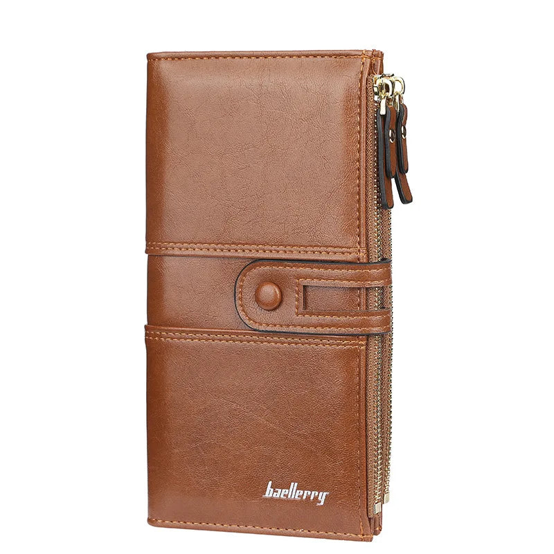Long Soft PU Leather Wallet with Buckle and Double Zip for Women