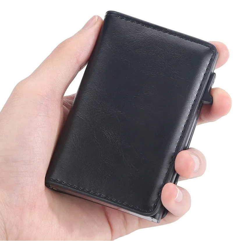 Men's PU Leather RFID Card Wallet with Automatic Ejection and Compact Design