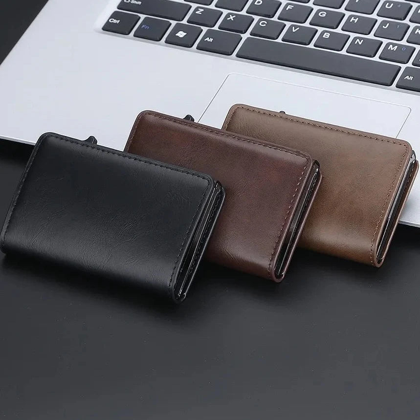 Men's PU Leather RFID Card Wallet with Automatic Ejection and Compact Design