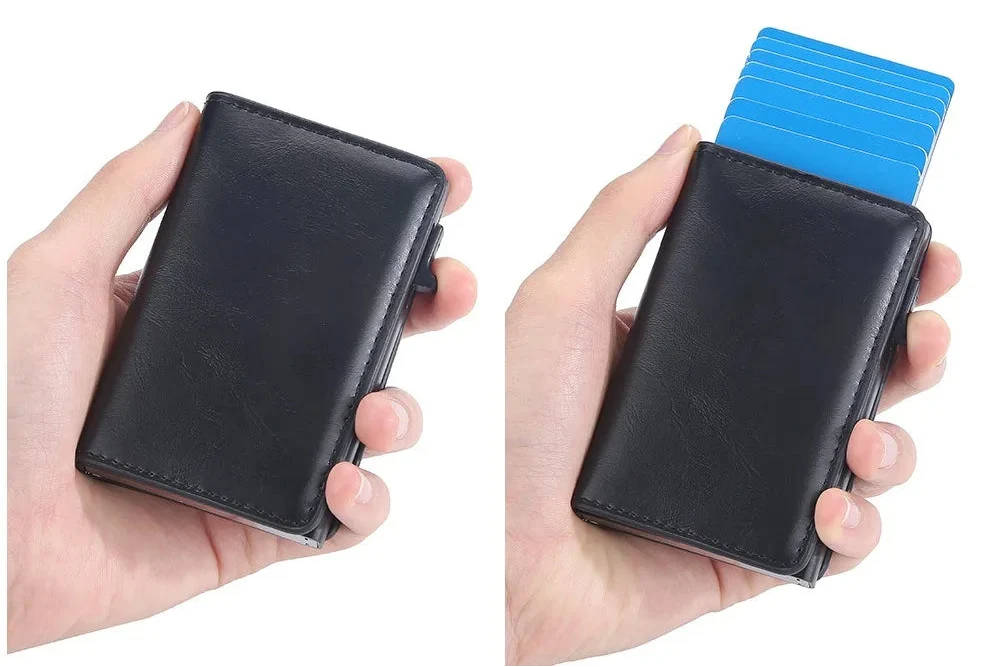 Men's PU Leather RFID Card Wallet with Automatic Ejection and Compact Design Image