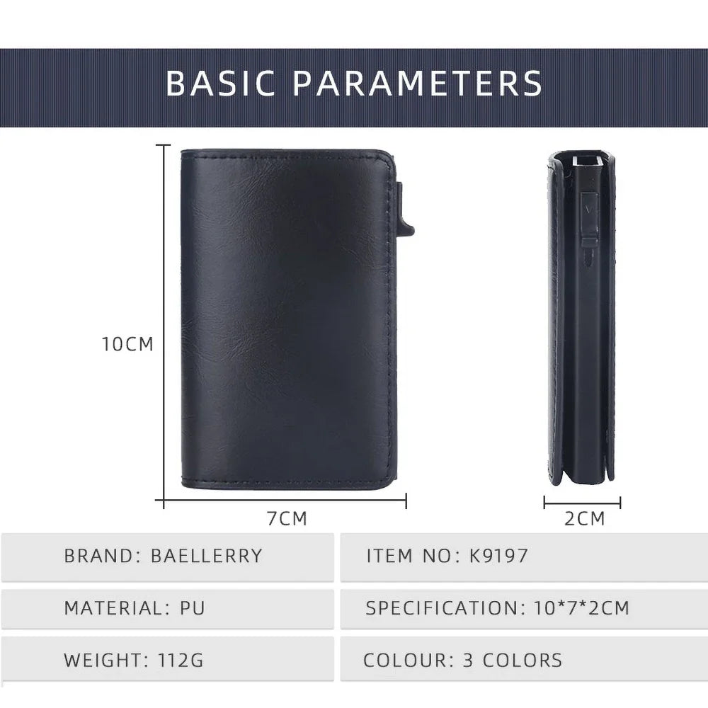 Men's PU Leather RFID Card Wallet with Automatic Ejection and Compact Design