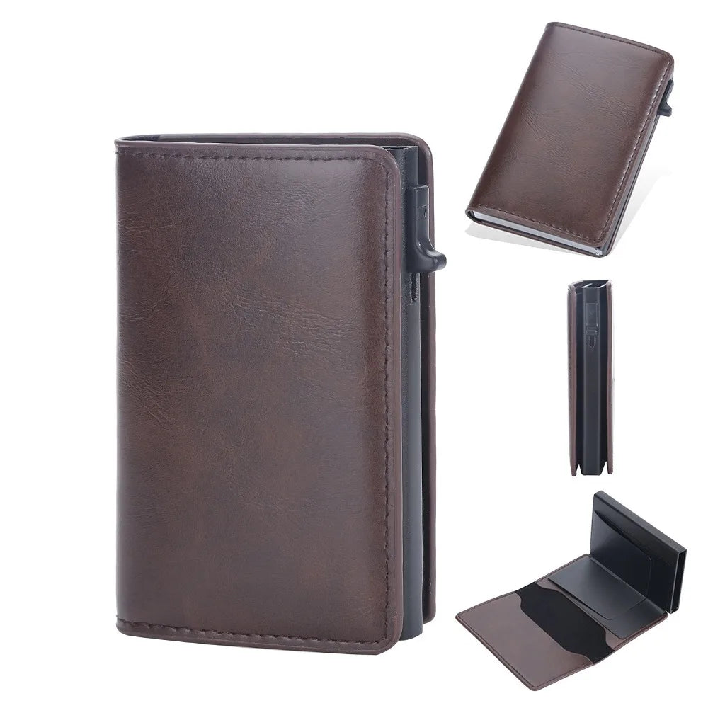 Men's PU Leather RFID Card Wallet with Automatic Ejection and Compact Design