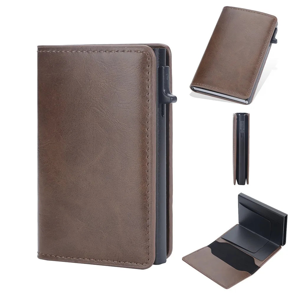 Men's PU Leather RFID Card Wallet with Automatic Ejection and Compact Design