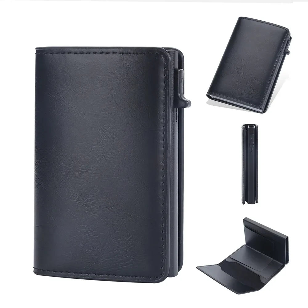 Men's PU Leather RFID Card Wallet with Automatic Ejection and Compact Design
