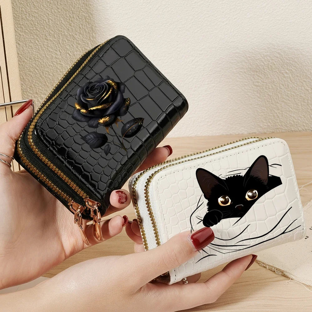 Compact Women's Double Zip Faux Leather Wallet with Cat Pattern and Card Holder