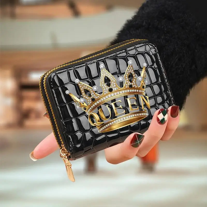 Compact Women's Double Zip Faux Leather Wallet with Cat Pattern and Card Holder