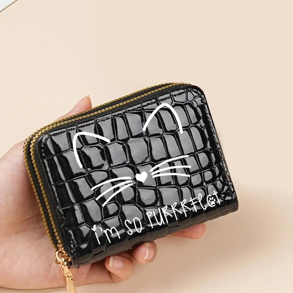 Compact Women's Double Zip Faux Leather Wallet with Cat Pattern and Card Holder