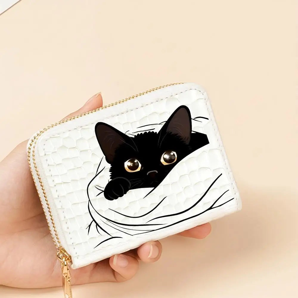 Compact Women's Double Zip Faux Leather Wallet with Cat Pattern and Card Holder