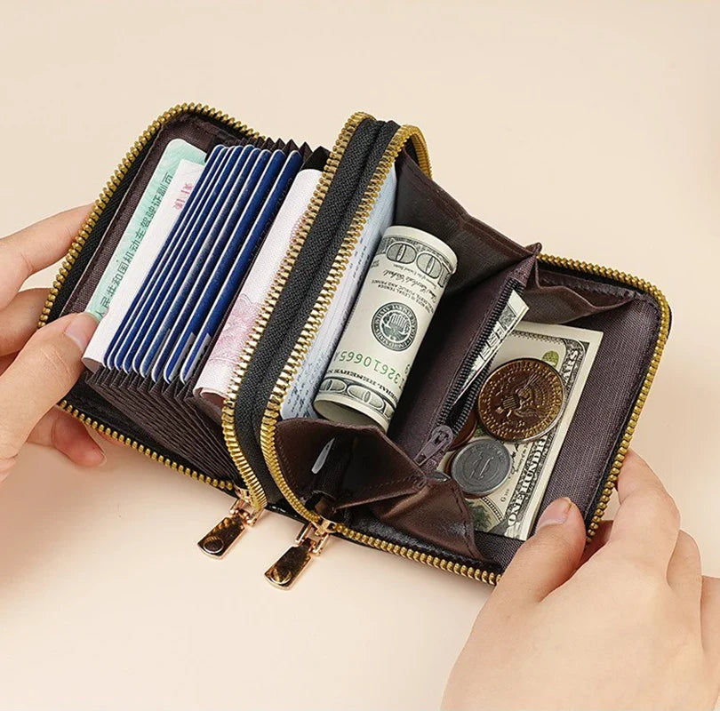Compact Women's Double Zip Faux Leather Wallet with Cat Pattern and Card Holder Image