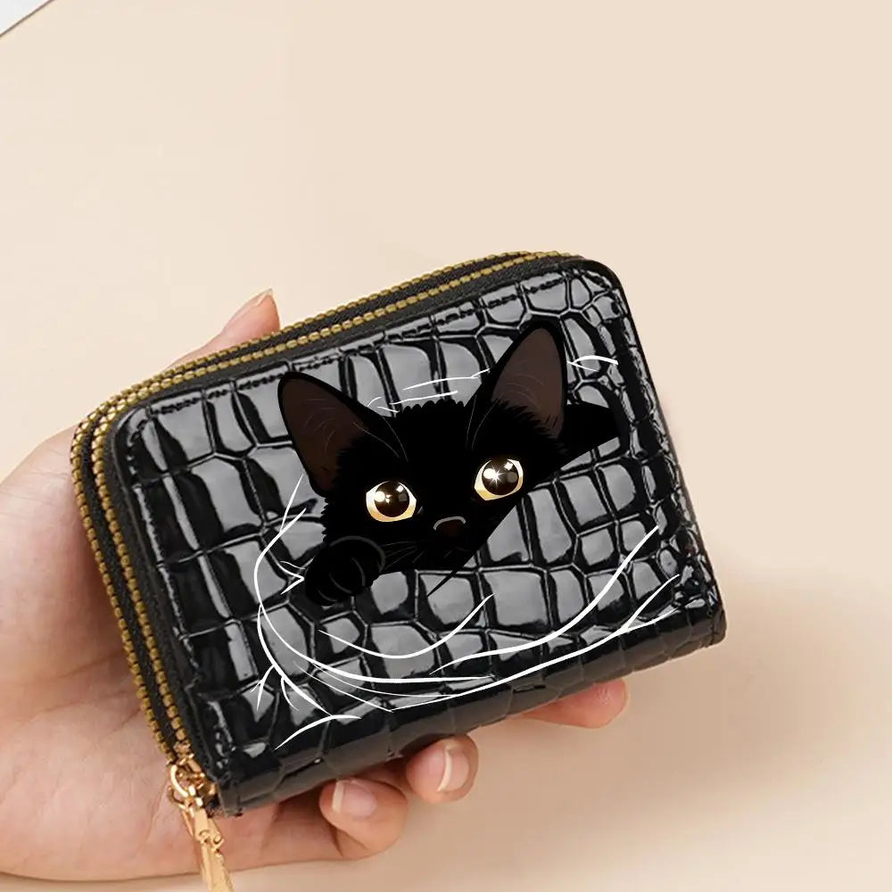 Compact Women's Double Zip Faux Leather Wallet with Cat Pattern and Card Holder