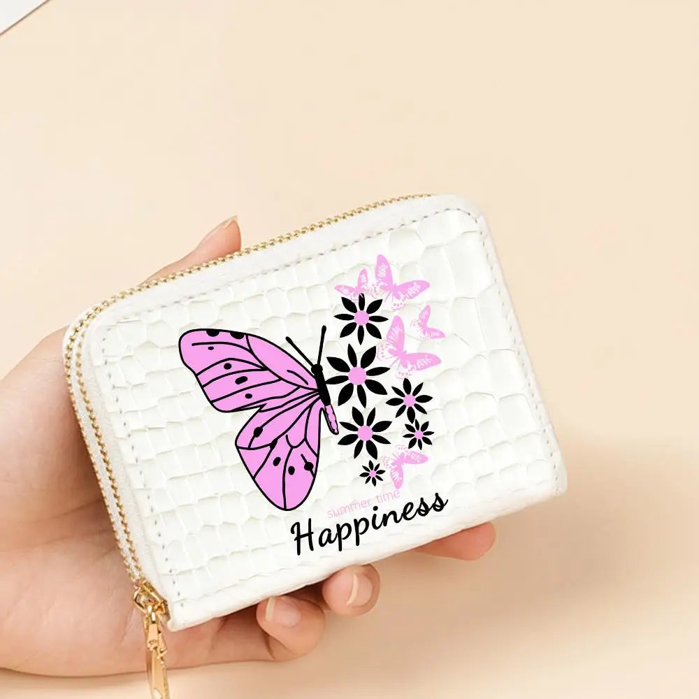 Compact Women's Double Zip Faux Leather Wallet with Cat Pattern and Card Holder