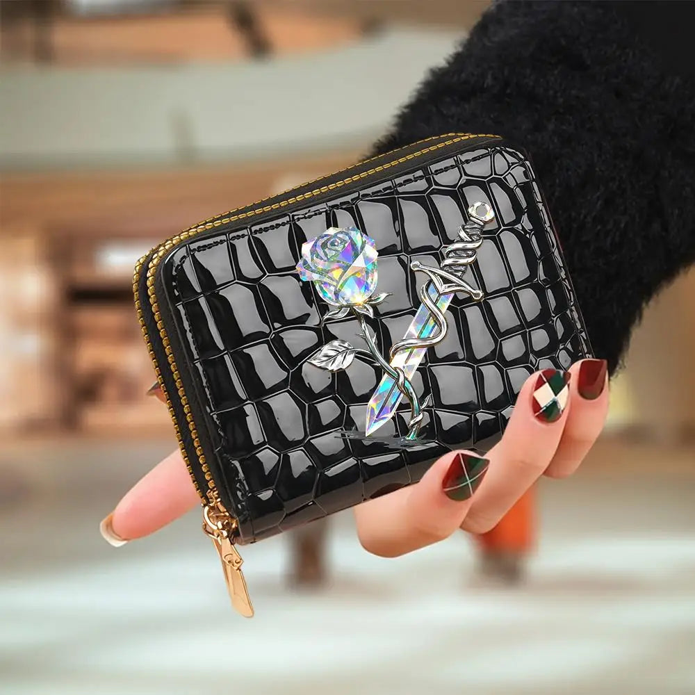 Compact Women's Double Zip Faux Leather Wallet with Cat Pattern and Card Holder