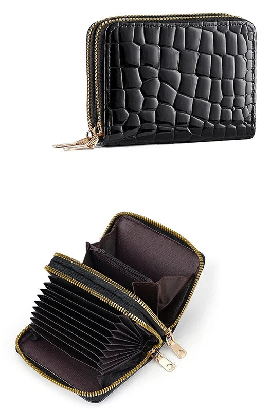 Compact Women's Double Zip Faux Leather Wallet with Cat Pattern and Card Holder