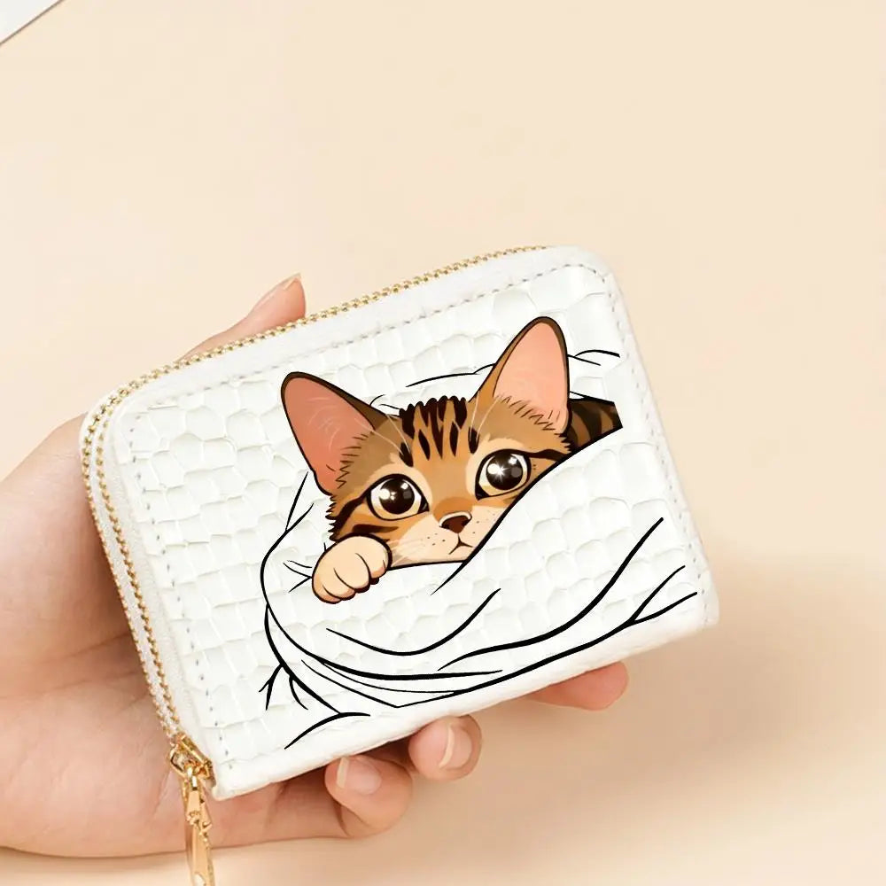 Compact Women's Double Zip Faux Leather Wallet with Cat Pattern and Card Holder