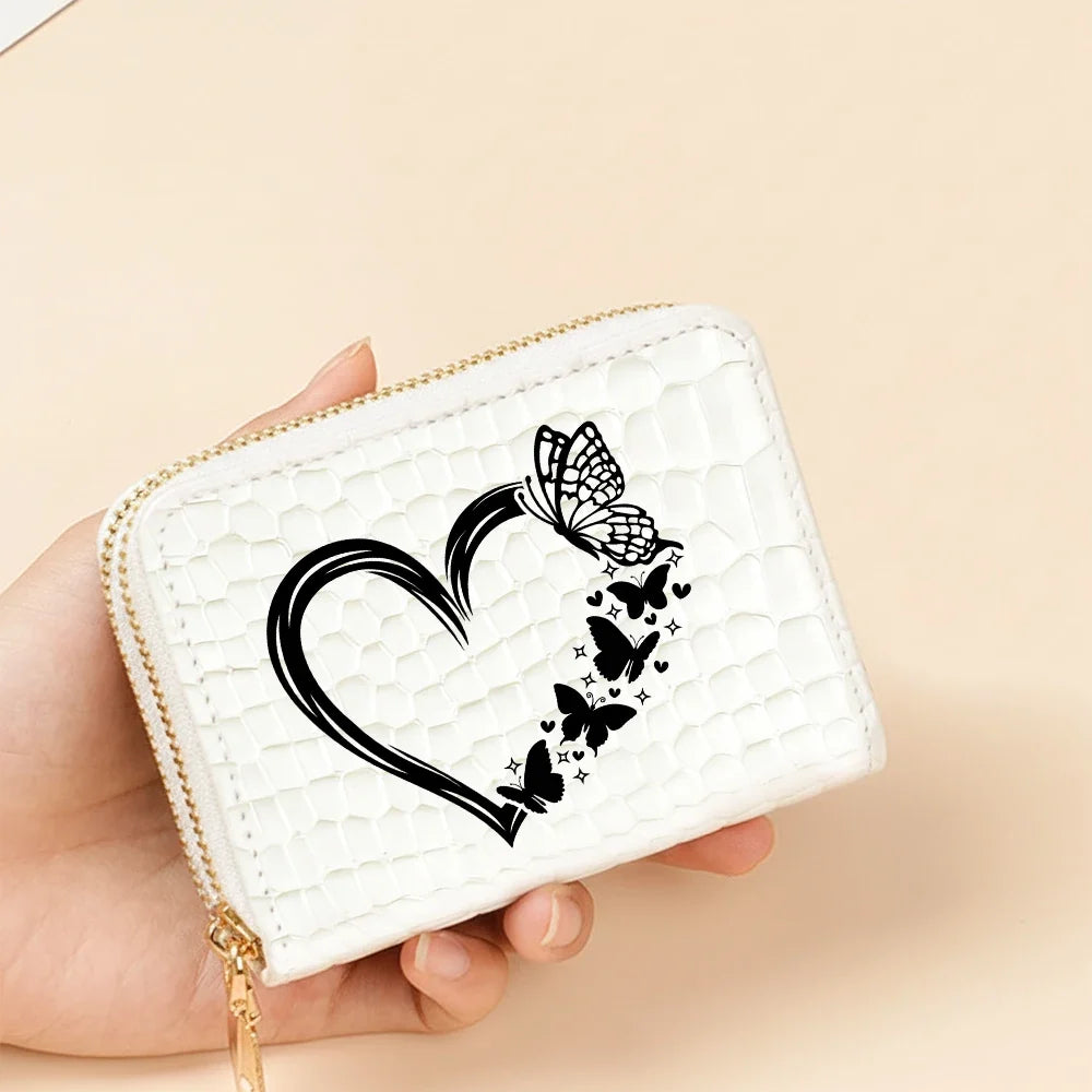 Compact Women's Double Zip Faux Leather Wallet with Cat Pattern and Card Holder