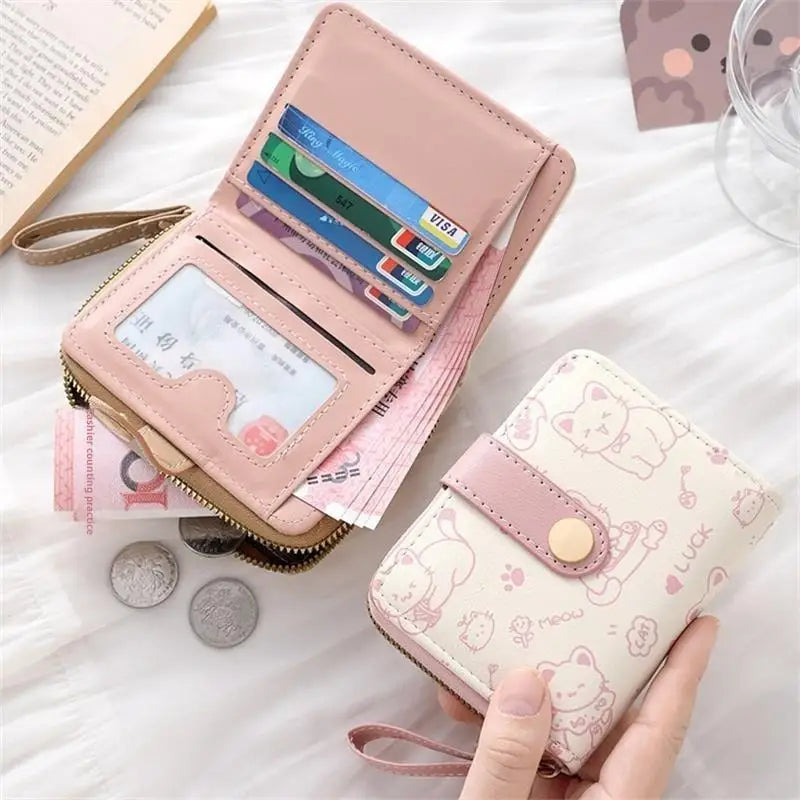 Compact Faux Leather Wallet with Cat Pattern Zippered Card Holder for Women