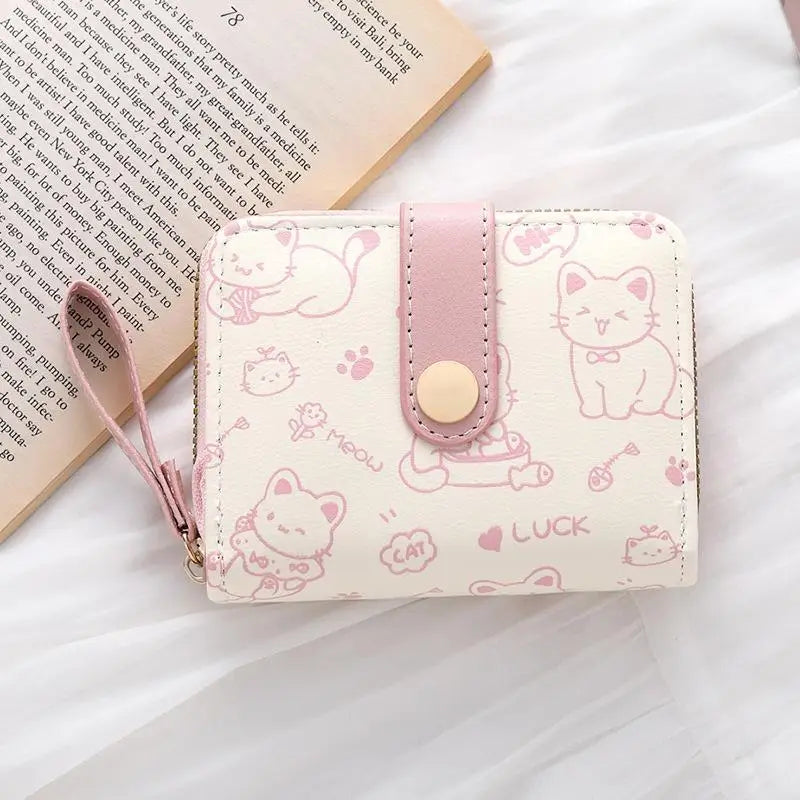 Compact Faux Leather Wallet with Cat Pattern Zippered Card Holder for Women