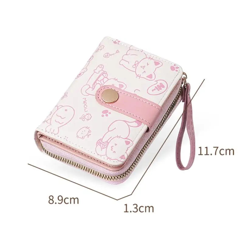 Compact Faux Leather Wallet with Cat Pattern Zippered Card Holder for Women