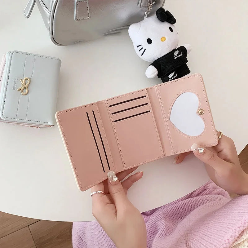 Compact Wallet with Gold Bow and Triple Fold for Girls