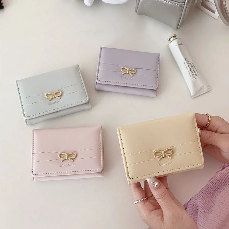 Compact Wallet with Gold Bow and Triple Fold for Girls