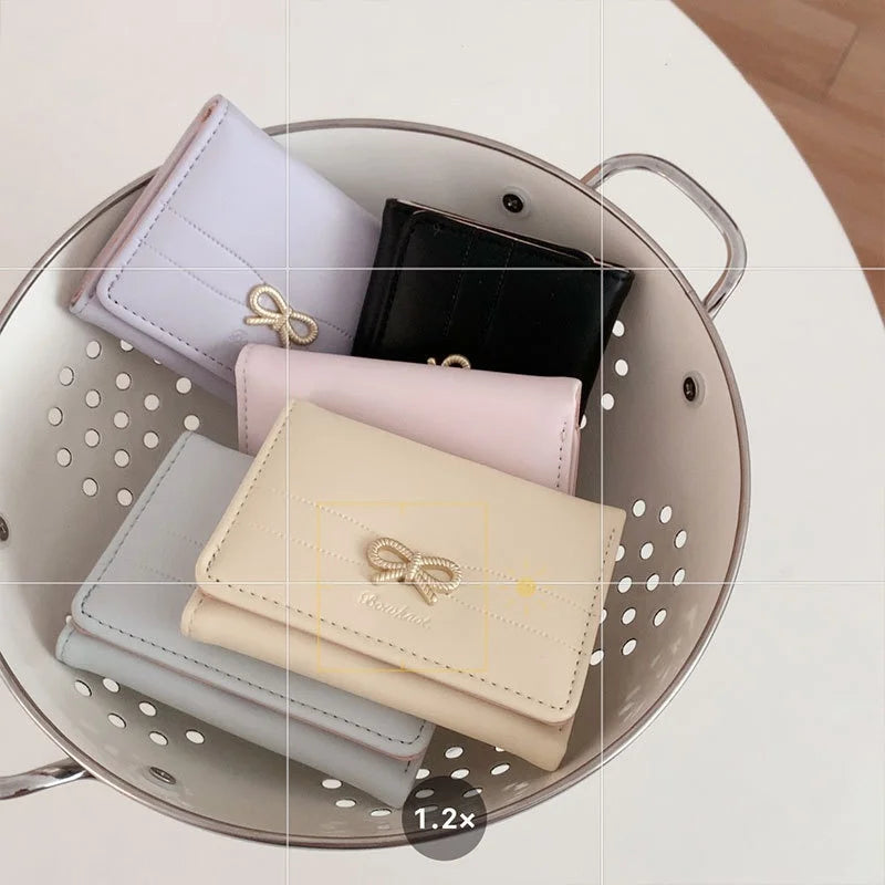 Compact Wallet with Gold Bow and Triple Fold for Girls Image