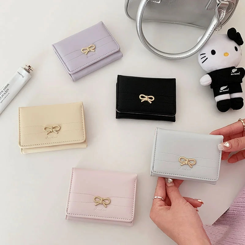 Compact Wallet with Gold Bow and Triple Fold for Girls