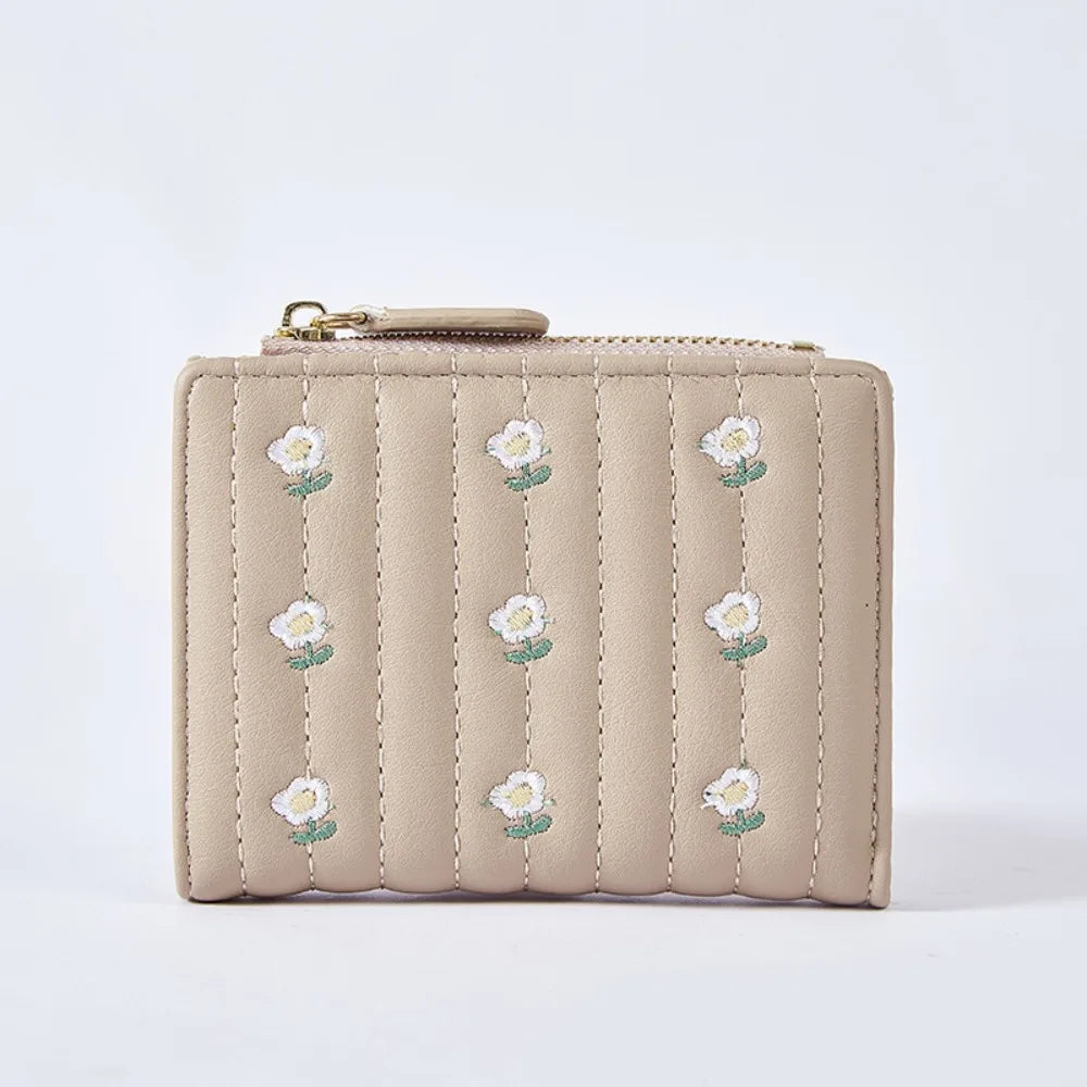 Compact PU Leather Wallet with Floral Pattern and Secure Zipper Closure