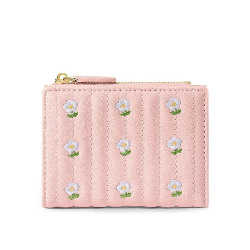 Compact PU Leather Wallet with Floral Pattern and Secure Zipper Closure
