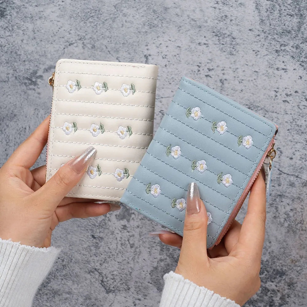 Compact PU Leather Wallet with Floral Pattern and Secure Zipper Closure Image