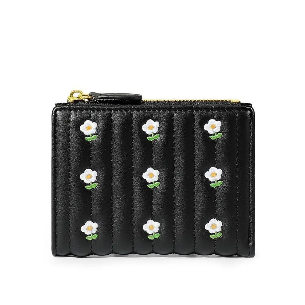 Compact PU Leather Wallet with Floral Pattern and Secure Zipper Closure