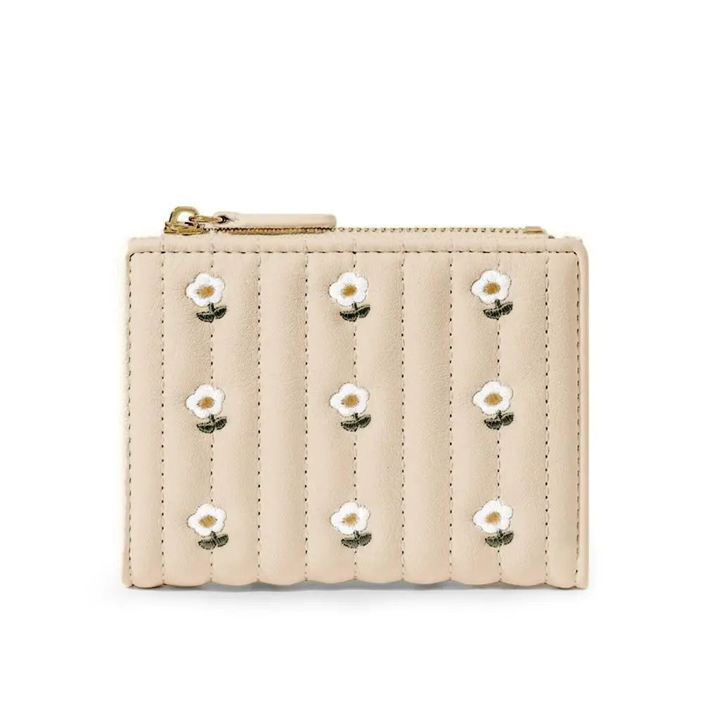 Compact PU Leather Wallet with Floral Pattern and Secure Zipper Closure