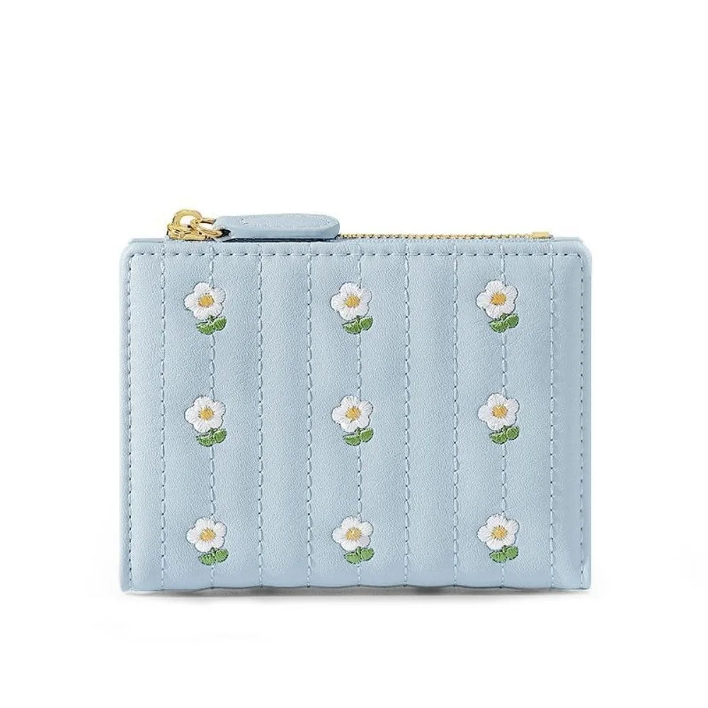 Compact PU Leather Wallet with Floral Pattern and Secure Zipper Closure