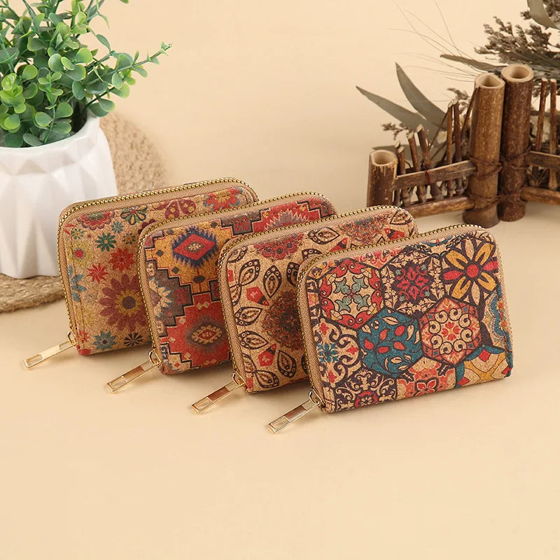 Short PU Cork Wallet with Retro Print and High-Capacity Card Holder