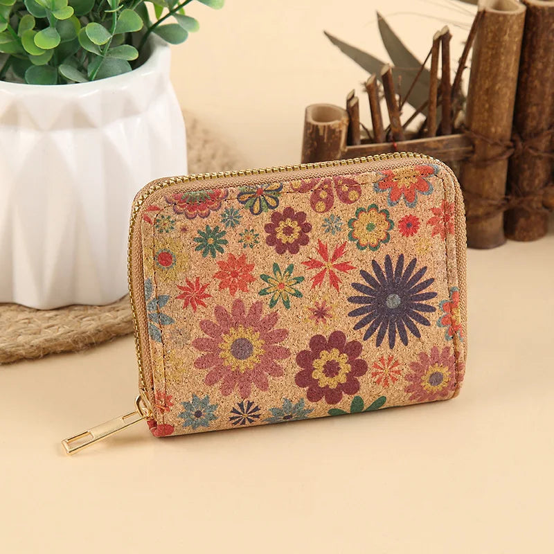 Short PU Cork Wallet with Retro Print and High-Capacity Card Holder