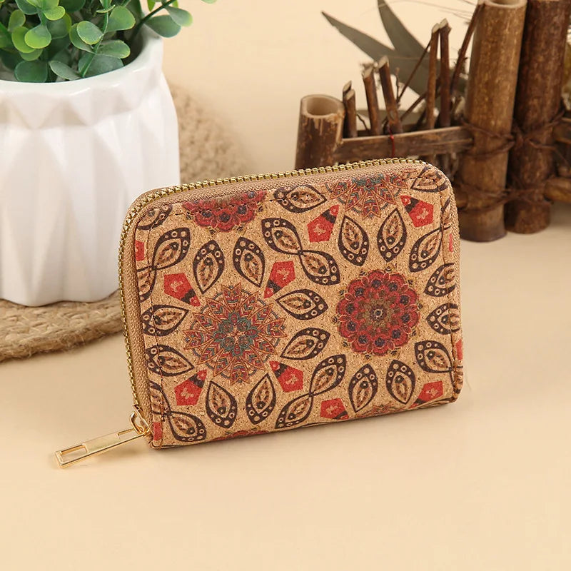 Short PU Cork Wallet with Retro Print and High-Capacity Card Holder