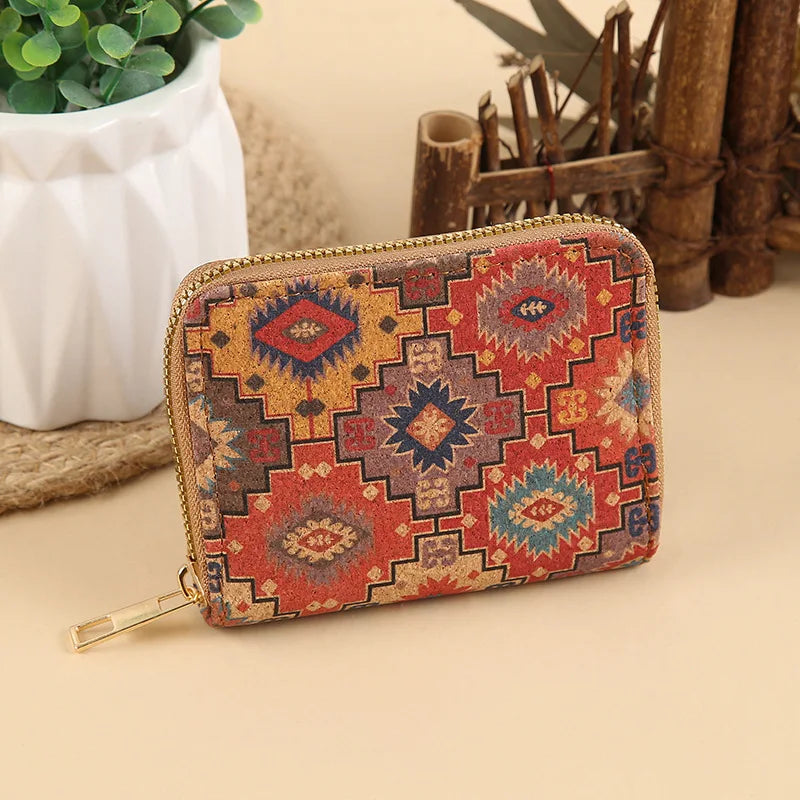 Short PU Cork Wallet with Retro Print and High-Capacity Card Holder