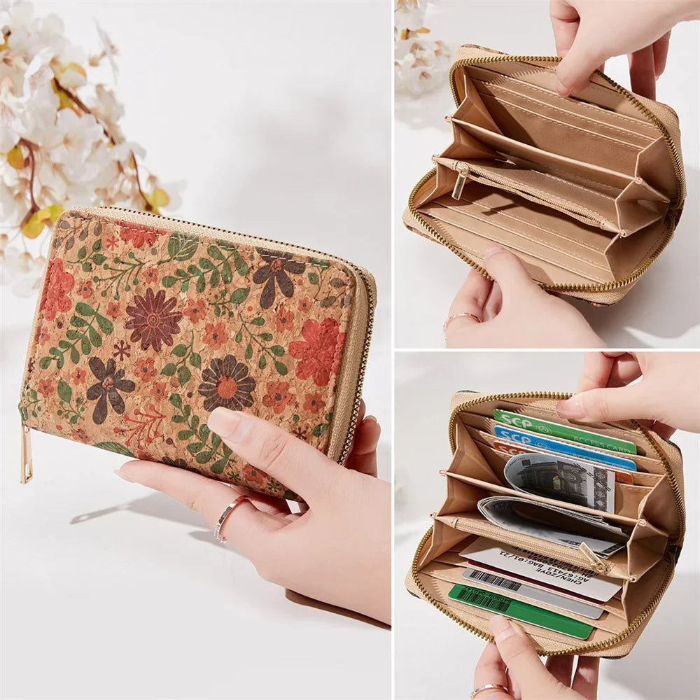 Short PU Cork Wallet with Retro Print and High-Capacity Card Holder Image