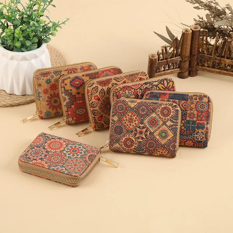 Short PU Cork Wallet with Retro Print and High-Capacity Card Holder