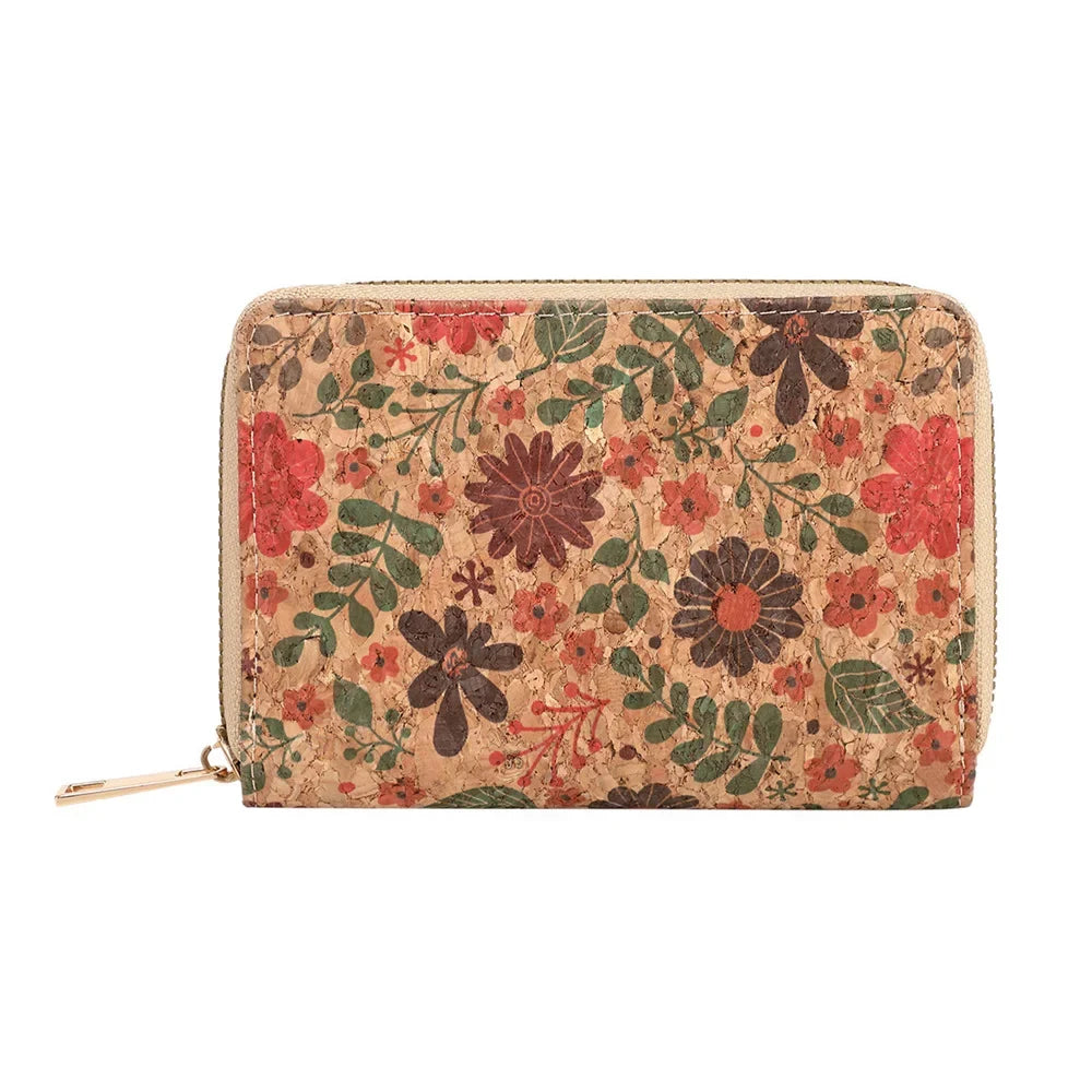 Short PU Cork Wallet with Retro Print and High-Capacity Card Holder