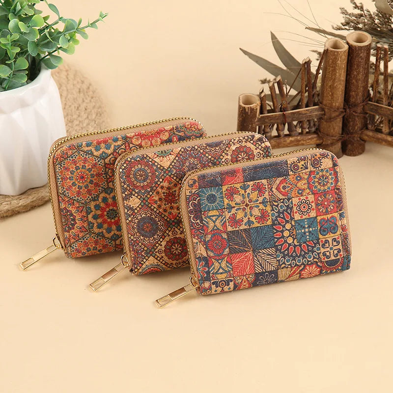 Short PU Cork Wallet with Retro Print and High-Capacity Card Holder