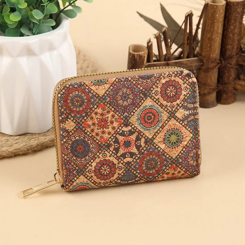 Short PU Cork Wallet with Retro Print and High-Capacity Card Holder