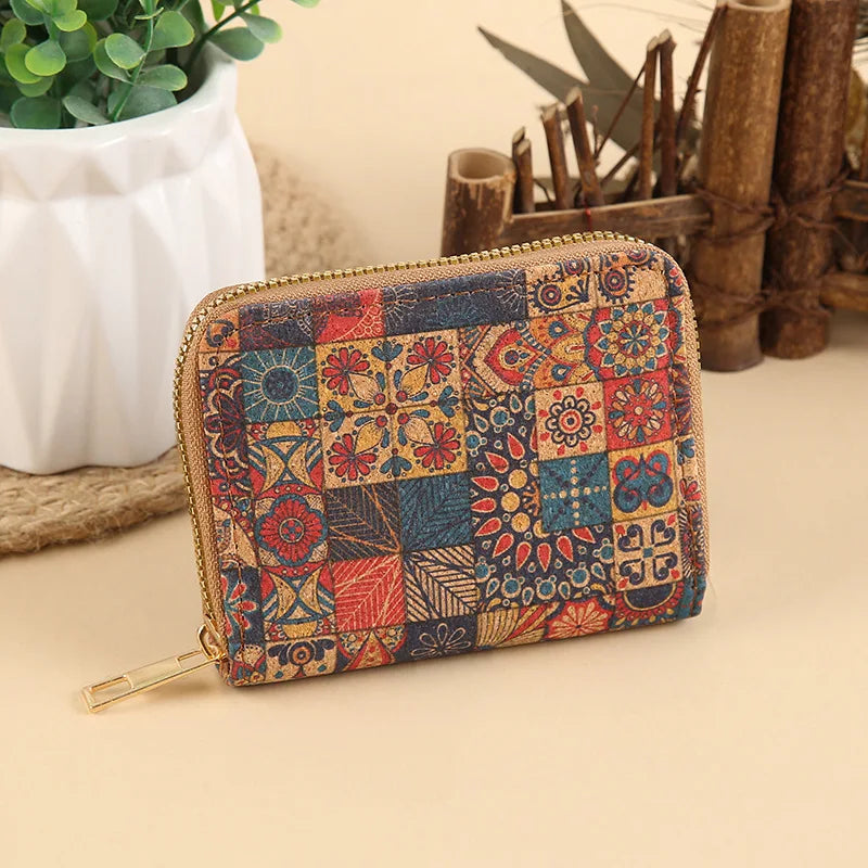 Short PU Cork Wallet with Retro Print and High-Capacity Card Holder