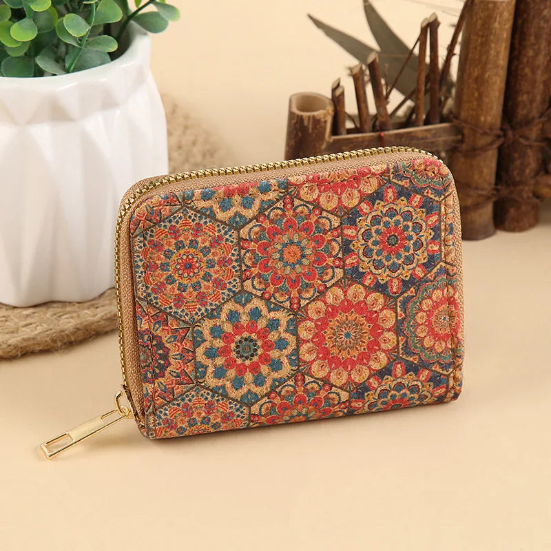 Short PU Cork Wallet with Retro Print and High-Capacity Card Holder