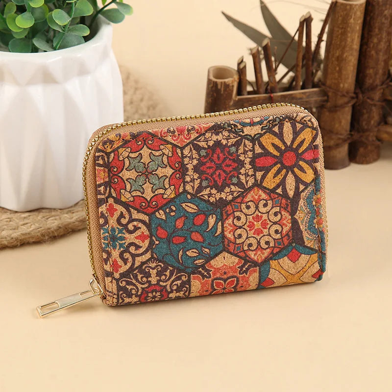 Short PU Cork Wallet with Retro Print and High-Capacity Card Holder