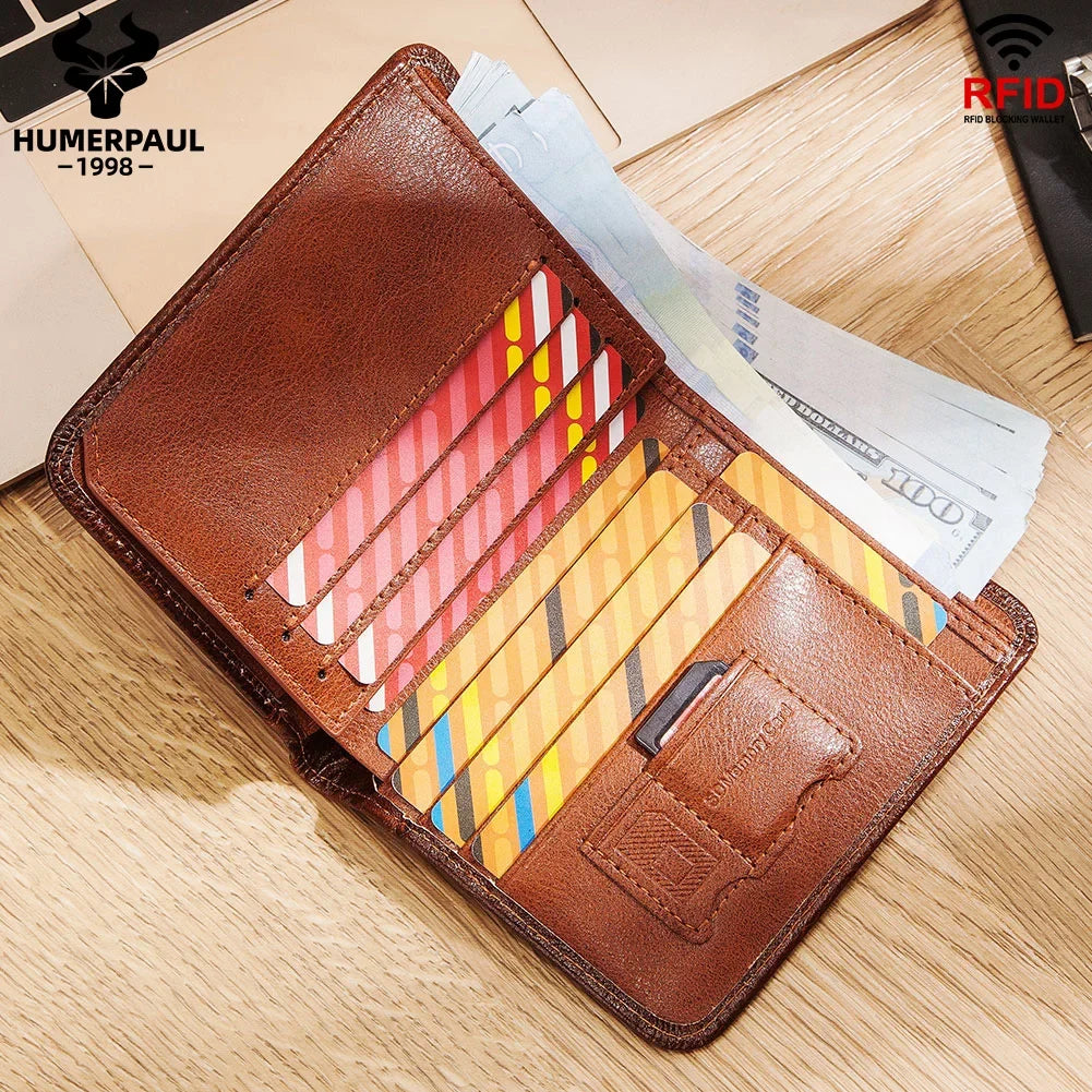 Men's Genuine Leather RFID Compact Trifold Wallet with Card Holder and Compartments