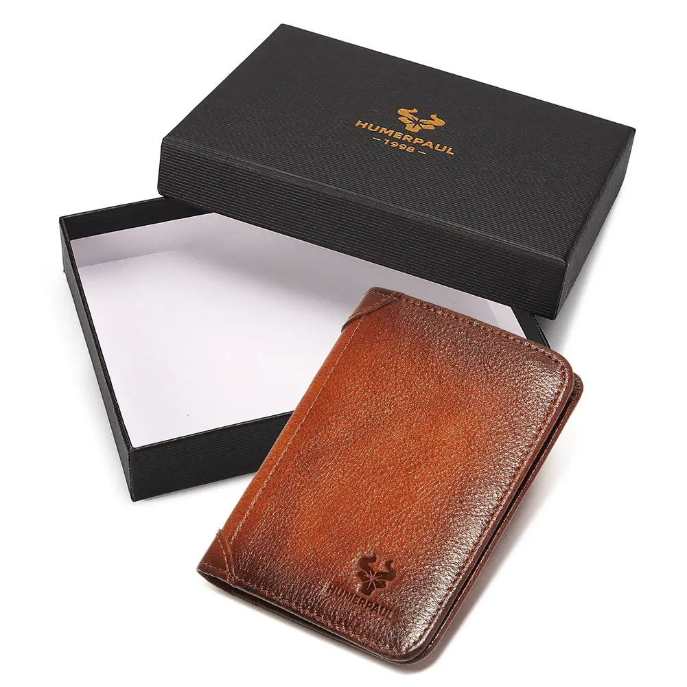 Men's Genuine Leather RFID Compact Trifold Wallet with Card Holder and Compartments