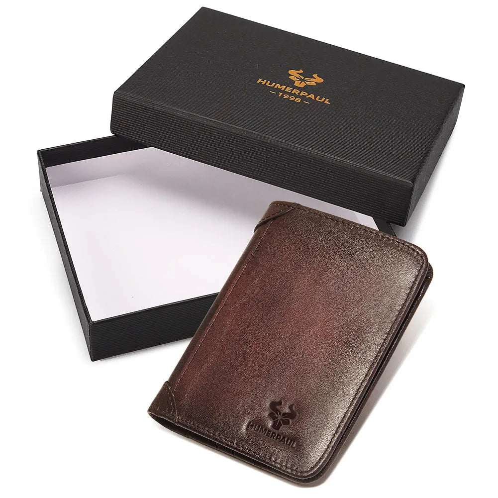Men's Genuine Leather RFID Compact Trifold Wallet with Card Holder and Compartments